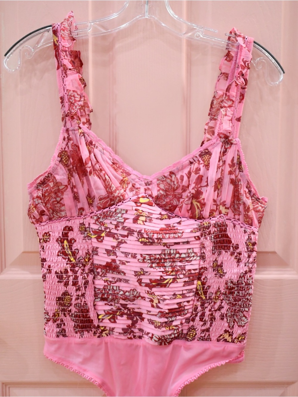 NWT✨ Free People Pink Floral Smocked Tank Top Bodysuit XS